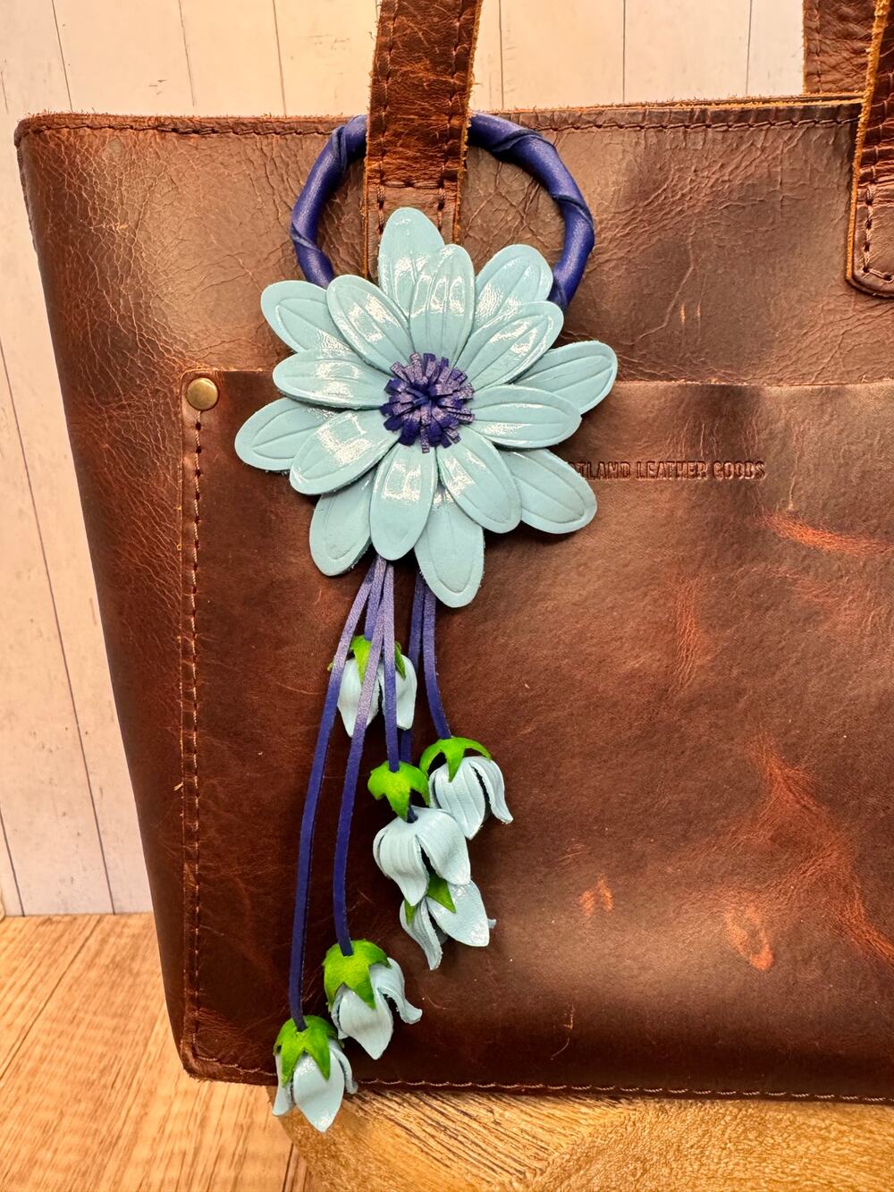 Leather Purse Charm Genuine Leather Light Blue Flower Bag Charm NEW FAST SHIP